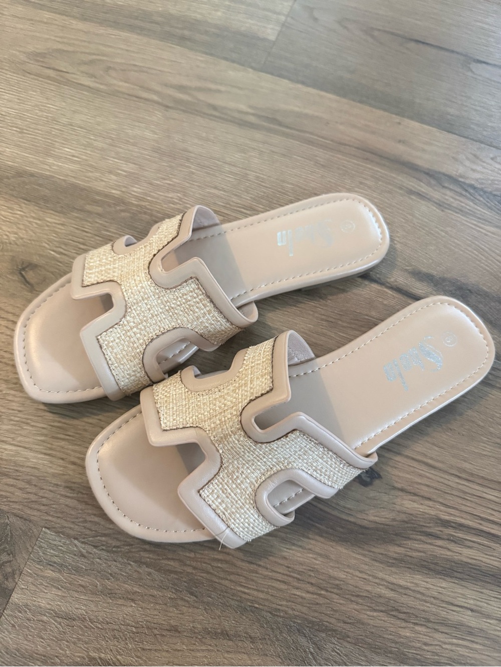 SHEIN Beige Raffia Trim Slide Sandals